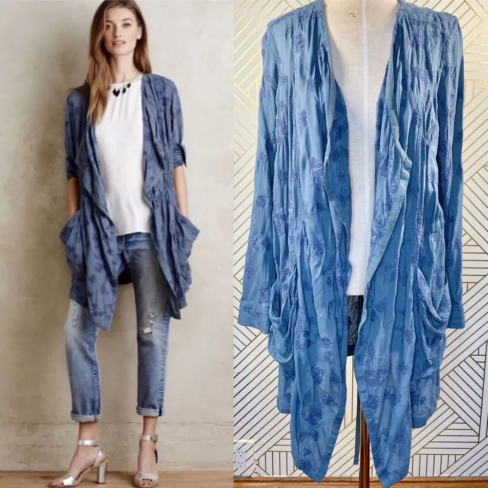 Anthropologie Hei Hei Melita Utility Jacket Cardigan Embroidered Blue Size Small